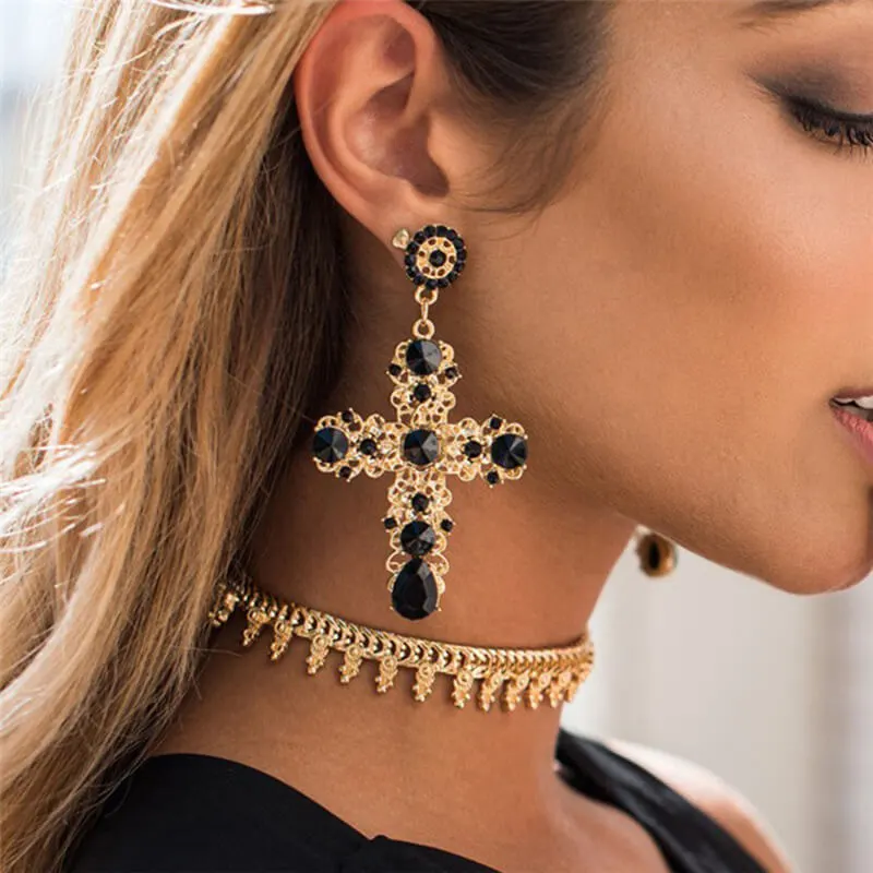 Fashion Hollow Cross Shape Rhinestone Crystal Glass Alloy Earrings for Women