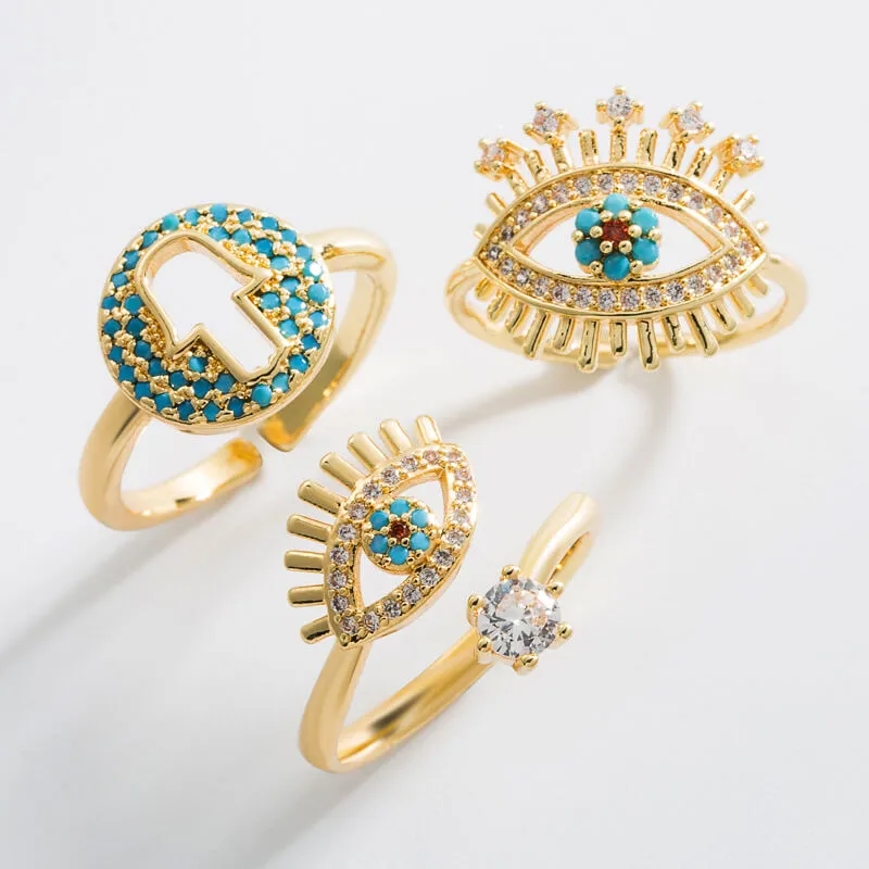 Exaggerated Eye And Palm Shape Zircon Decorative Open-end Copper Ring For Women