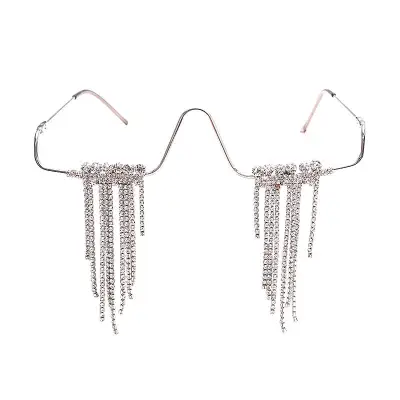 Fashion Rimless Rhinestone Tassel Decorative Frame Sunglasses