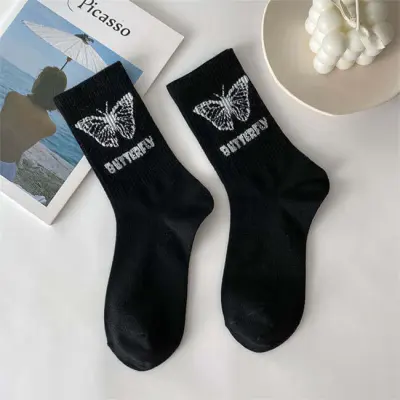 Women Fashion Butterfly Printed Cotton Sports Socks Mid-Calf