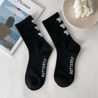Women Fashion Butterfly Printed Cotton Sports Socks Mid-Calf