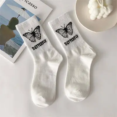 Women Fashion Butterfly Printed Cotton Sports Socks Mid-Calf
