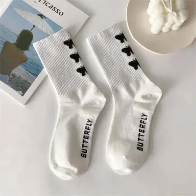 Women Fashion Butterfly Printed Cotton Sports Socks Mid-Calf
