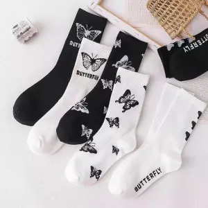 Women Fashion Butterfly Printed Cotton Sports Socks Mid-Calf
