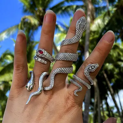 4pcs/set Exaggerated Rhinestone Inlay Geometric Irregular Snake-shaped Ring Set