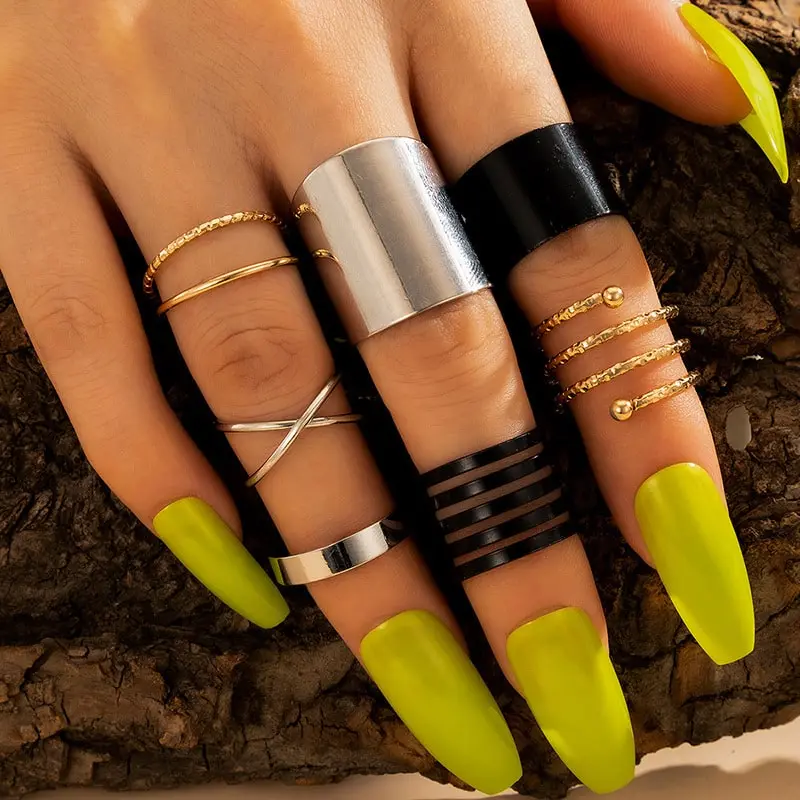7pcs/set Simple Color Blocking Spiral Cross Wide Ring Set