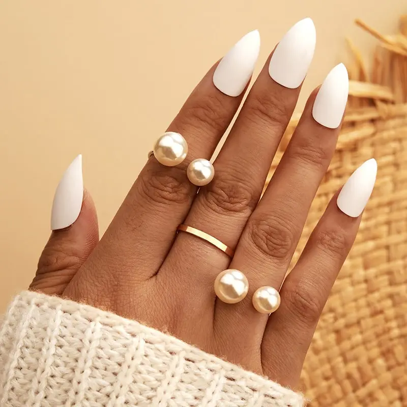 3pcs/set Simple Pearl Decor Metal Opening Ring Set for Women Fashion Alloy Geometric Jewelry Sets