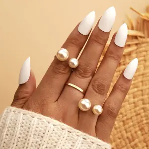 3pcs/set Simple Pearl Decor Metal Opening Ring Set for Women Fashion Alloy Geometric Jewelry Sets