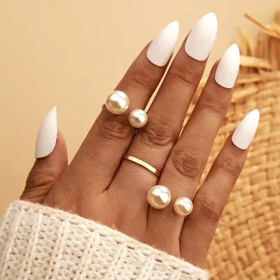 3pcs/set Simple Pearl Decor Metal Opening Ring Set for Women Fashion Alloy Geometric Jewelry Sets