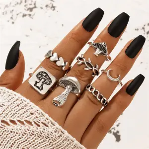 7pcs/set Retro Mushroom Heart Design Ring Set Cold Wind Geometric Unisex Metal