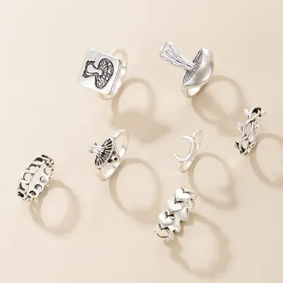 7pcs/set Retro Mushroom Heart Design Ring Set Cold Wind Geometric Unisex Metal