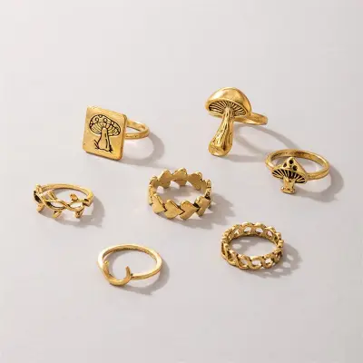 7pcs/set Retro Mushroom Heart Design Ring Set Cold Wind Geometric Unisex Metal