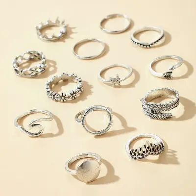 13pcs/set Retro Bohemian Flower Starfish Arrow Leaf Crown Ring Set