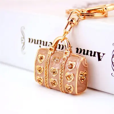 Women Creative Bag Shape Design Inlay Rhinestones Heart Decorate Alloy Key Chain