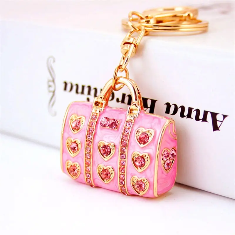 Women Creative Bag Shape Design Inlay Rhinestones Heart Decorate Alloy Key Chain