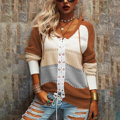 S-6XL Women Plus Size Color Block Hooded Knitwear Top