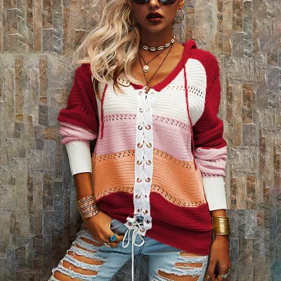 S-6XL Women Plus Size Color Block Hooded Knitwear Top