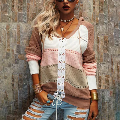 S-6XL Women Plus Size Color Block Hooded Knitwear Top