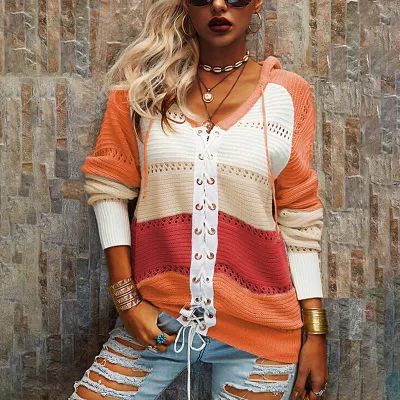 S-6XL Women Plus Size Color Block Hooded Knitwear Top