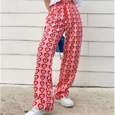Women Fashion Heart Printed Wide Leg Pants - Milk Fiber High Waist Elegant