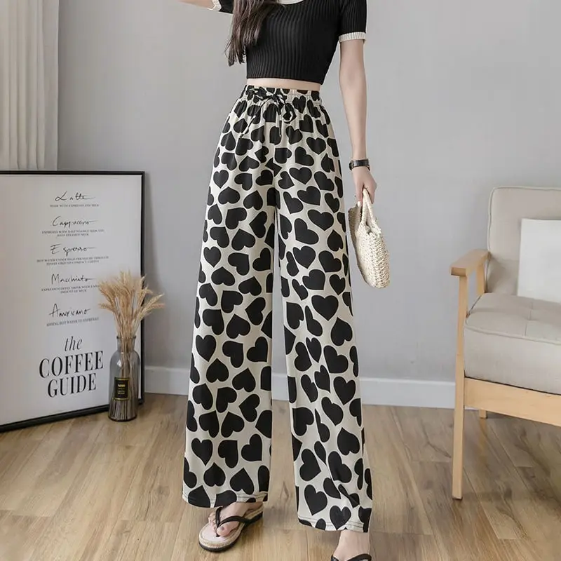 Women Fashion Heart Printed Wide Leg Pants - Milk Fiber High Waist Elegant