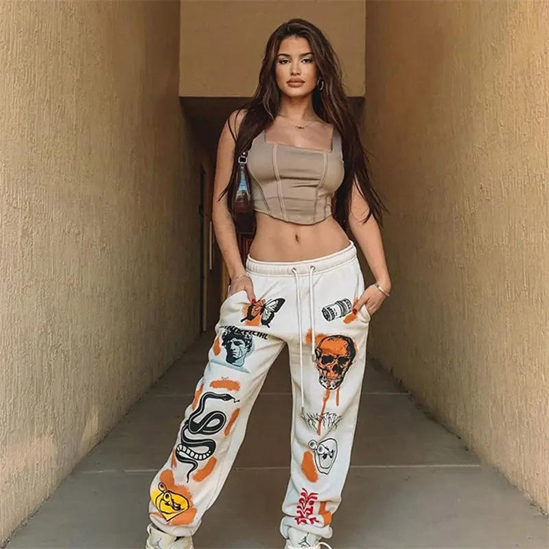 S-XL Women Graphic Printed Fleece Trousers Street Style High Waist Straight Pants