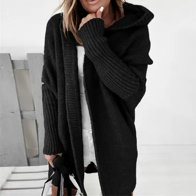 Women's Hooded Cardigan Long-sleeve Loose Fit Solid Color Knitwear
