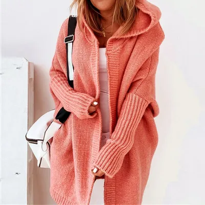 Women's Hooded Cardigan Long-sleeve Loose Fit Solid Color Knitwear