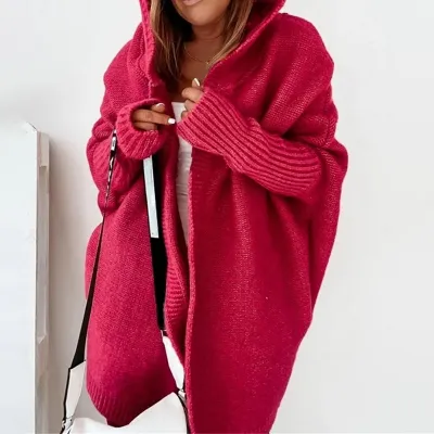 Women's Hooded Cardigan Long-sleeve Loose Fit Solid Color Knitwear