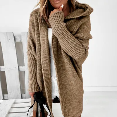 Women's Hooded Cardigan Long-sleeve Loose Fit Solid Color Knitwear
