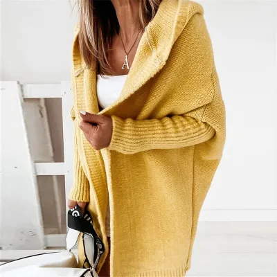 Women's Hooded Cardigan Long-sleeve Loose Fit Solid Color Knitwear