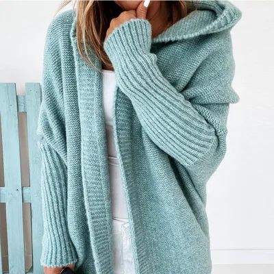Women's Hooded Cardigan Long-sleeve Loose Fit Solid Color Knitwear