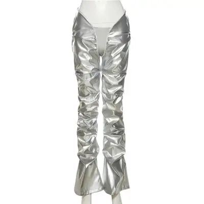 S-L Women Fashion Solid Color Creased PU Leather Straight Trousers