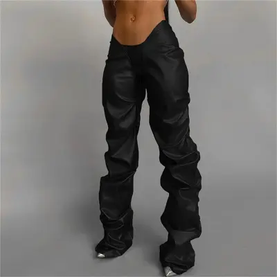 S-L Women Fashion Solid Color Creased PU Leather Straight Trousers