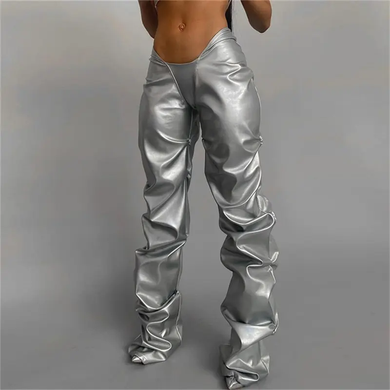 S-L Women Fashion Solid Color Creased PU Leather Straight Trousers