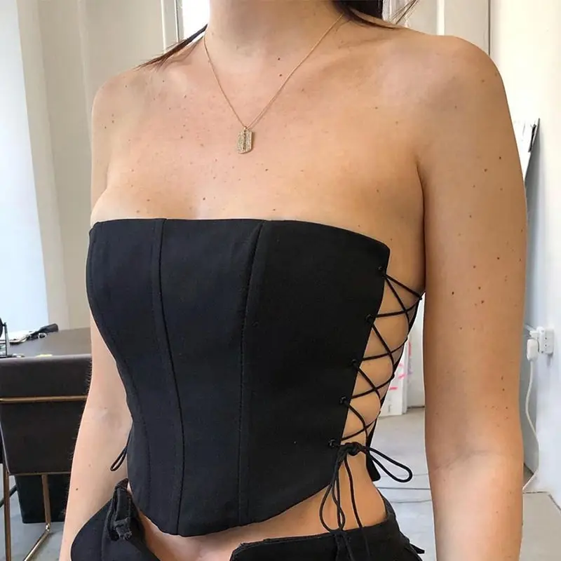 S-L Women Sexy Solid Color Lace Up Tube Top