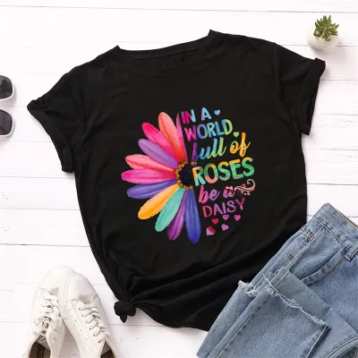 S-5XL Women Fashion Street Hipster Round Collar Letter Printing Cotton T-shirt