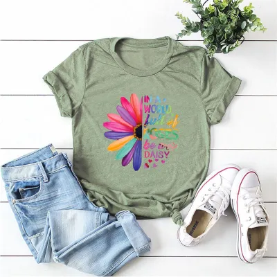 S-5XL Women Fashion Street Hipster Round Collar Letter Printing Cotton T-shirt