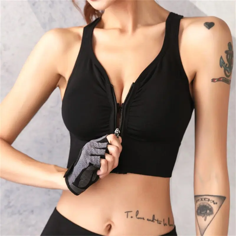 S-XL Women Fashion Solid Color Cut Out Zipper Sports Bra
