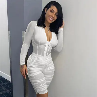 S-L Women Fashion Long Sleeve Mesh Sheer Rompers