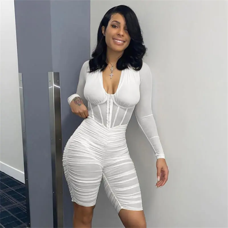 S-L Women Fashion Long Sleeve Mesh Sheer Rompers