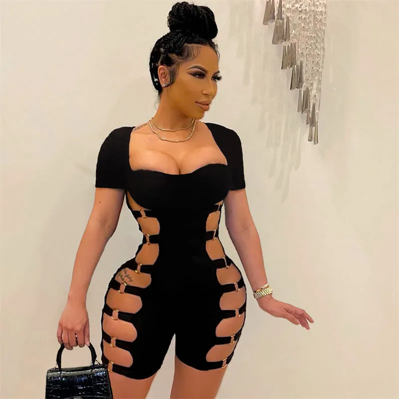 S-2XL Women Sexy Solid Color Cut Out Rompers