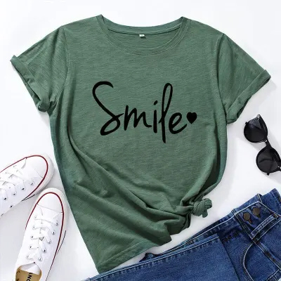 S-5XL Women Basic Letter Printing Round Neck T-shirt