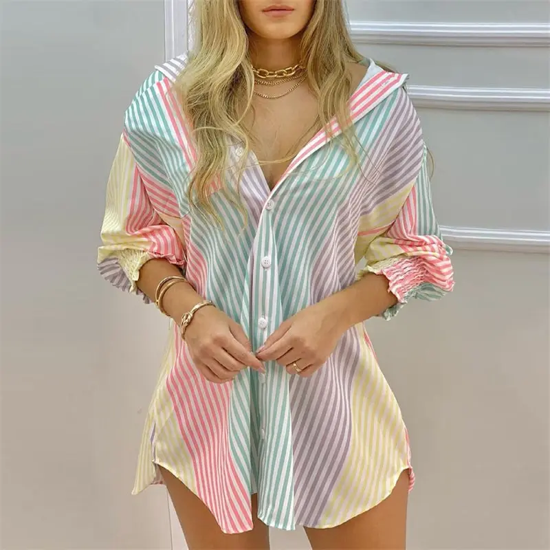 S-3XL Women Stripe Printed Single-breasted Blouse