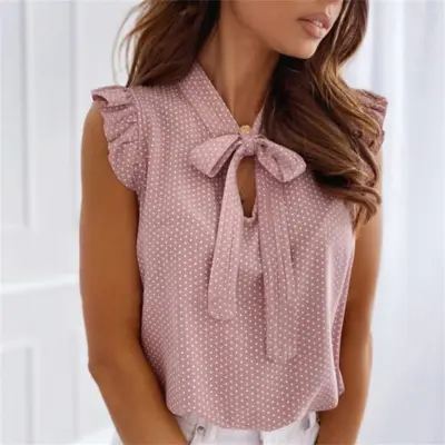 S-2XL Women Fashion Polka Dot Sleeveless Ruffled Blouse