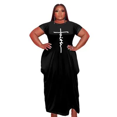 S-5XL Women Plus Size Graphic Printed Round Neck Short Sleeve Irregular Hem Dress
