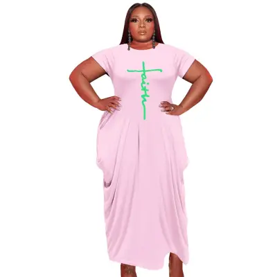 S-5XL Women Plus Size Graphic Printed Round Neck Short Sleeve Irregular Hem Dress