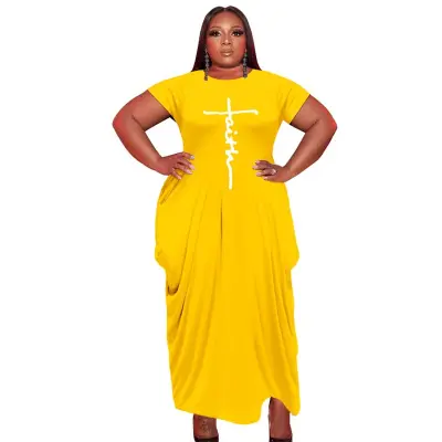 S-5XL Women Plus Size Graphic Printed Round Neck Short Sleeve Irregular Hem Dress