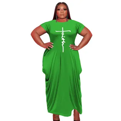 S-5XL Women Plus Size Graphic Printed Round Neck Short Sleeve Irregular Hem Dress