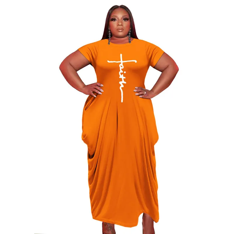 S-5XL Women Plus Size Graphic Printed Round Neck Short Sleeve Irregular Hem Dress